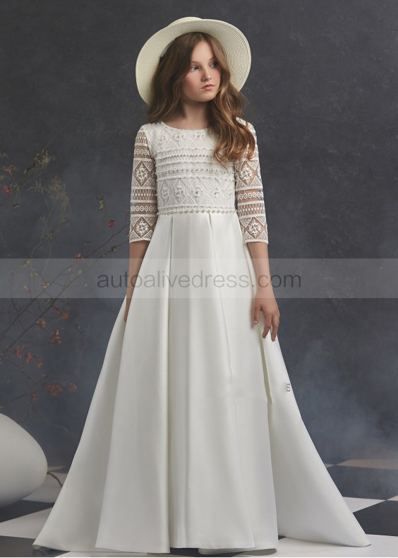 Pearls Beaded Ivory Lace Satin Floor Length Flower Girl Dress
